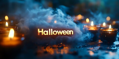Glowing Halloween text surrounded by candles in misty darkness sets a spooky mood, suitable for horror-themed promotions and festive decorations,