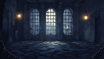 Fototapeta premium An Abandoned Room with Three Windows and Two Hanging Lanterns