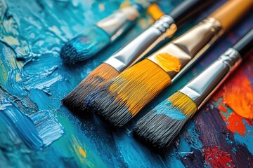 Colorful paintbrushes on a vibrant palette with paint.