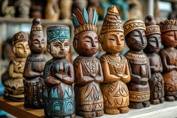 Row of traditional balinese wooden statues carved for selling to tourists