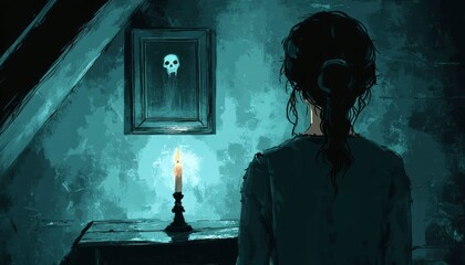 Woman Facing a Skull in a Picture Frame with a Candlelit Room