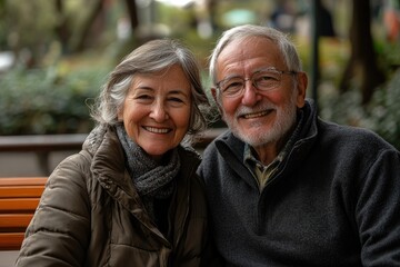 Obraz premium Senior couple smiling sitting on bench wearing warm clothes