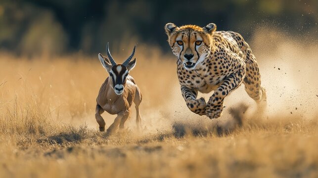 Cheetah chasing springbok gazelle during golden hour