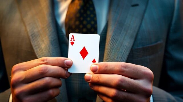 He pulls an ace card out of his jacket pocket, man suit. exclusive gain and benefit. Method or deceitful manoeuvre. 