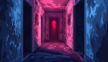 Obraz premium A Gloomy and Abandoned Hallway with Peeling Walls and a Glowing Door