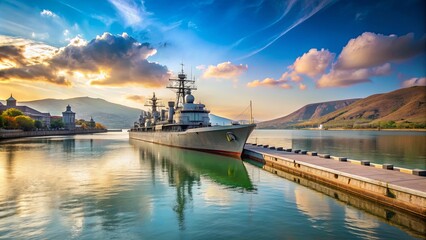 A tranquil scene of a cruiser anchored on the embankment of the port of Novoross