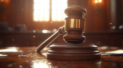 Close-up of a judge's gavel on a wooden table in a courtroom, symbolizing justice and legal proceedings.