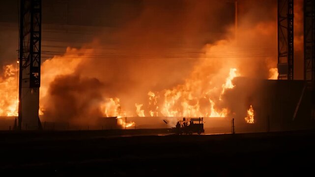 Fire in a warehouse. As the fire inside the warehouse intensifies, the raging flames reach towering heights. FHD video.