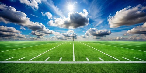 Green football field under blue sky background with fluffy white clouds