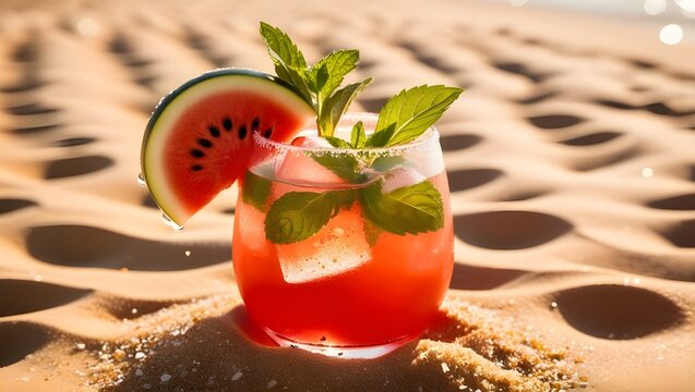 A refreshing and vibrant watermelon mojito sits directly on the warm, golden sand of a sun-kissed beach, its glass rim subtly tinted with condensation, garnished with an artful sprig of fresh mint lea