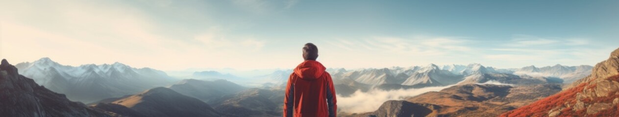 Obraz premium Exploring the Majestic Mountain Vista: A Person in a Red Jacket Embracing the Dawn, Symbolizing the Dawn of Artificial Intelligence and Discovery.