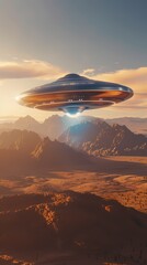 Digital metal flying saucer desert scene poster background