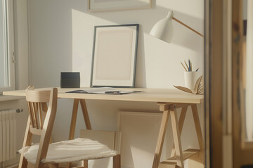 Minimalist Home Office with Wooden Desk and Frame Decor in Sunlit Room
