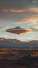 Digital metal flying saucer desert scene poster background