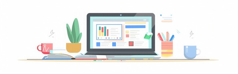 Modern Business Workspace with Laptop and Data Analytics