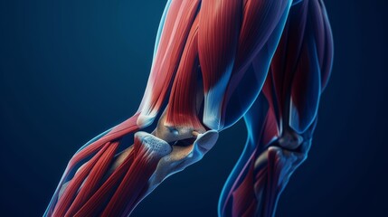 3D illustration of the thigh and calf muscles connected to the knee bone on a dark blue background. Use in medical, sports and education.