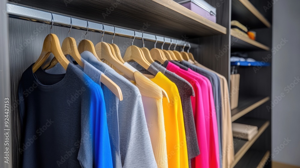 Sticker A closet with a variety of colored shirts hanging on the hangers, AI