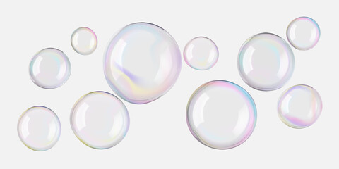 Cosmetic serum gel drop texture. Transparent liquid oil water, soap bubble float. Skincare isolated face essence cleanser. Iridescent glossy round light shapes. Shiny reflection, flying bath elements