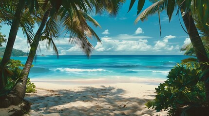 An old fashioned tropical beach with a view of the turquoise sea and palm palms beneath