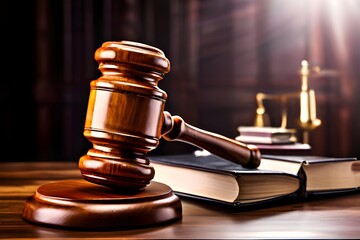 Obraz premium Judge gavel and law book on a wooden table, symbolizing justice and legal proceedings.