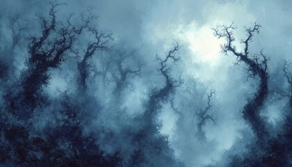 Eerie Silhouette of Trees in a Misty Forest