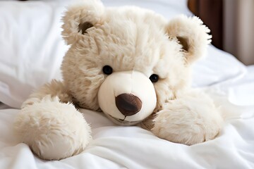 A cute teddy bear sitting on a cozy bed, perfect for children's decor or comfort-themed imagery.
