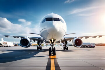 A large passenger airplane on the runway during a vibrant sunset, showcasing aviation and travel themes