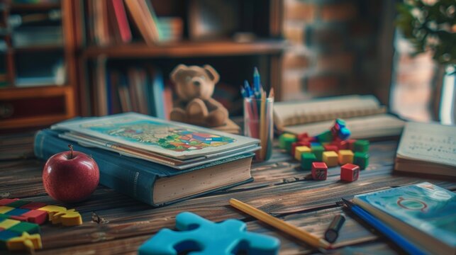 Cozy Playtime: Books, Toys, and a Red Apple on a Wooden Table