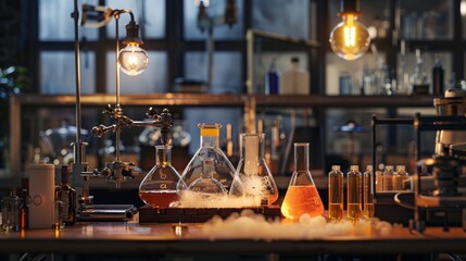 Vintage Science Laboratory with Beakers and Flasks