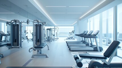 Modern Gym Interior with Treadmills and Weight Training Equipment