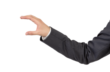A man's arm in a suit with a hand making a holding gesture, isolated on a white background. Ideal for business-related presentations and mockups