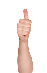 A human hand showing a thumbs-up gesture on a white background. The hand is well-lit and clearly visible, focusing on the gesture. Concept of approval or agreement