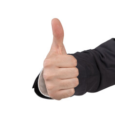 A closeup image of a hand making a thumbs-up gesture. The hand is in focus, showing details of the...