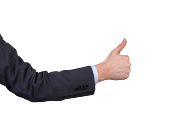 A businessperson’s arm in a suit showing a thumbs up gesture against a white background. Concept of approval and positivity