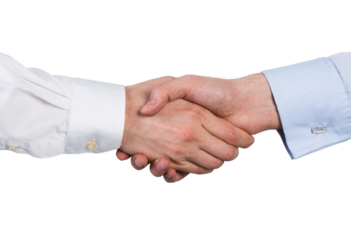 Close-up of two hands shaking, one in white and the other in blue shirt, on a white background. Concept of agreement, partnership, and business collaboration