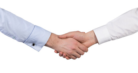 Closeup of two people shaking hands, one in a white shirt, the other in a blue shirt. white Background. Concept of agreement and partnership