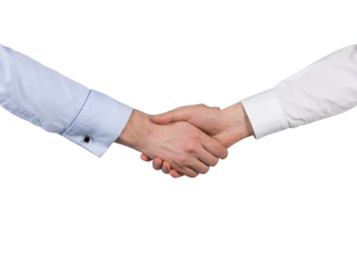 Closeup of two people in formal shirts shaking hands on a white background. Concept of agreement, partnership, or business deal