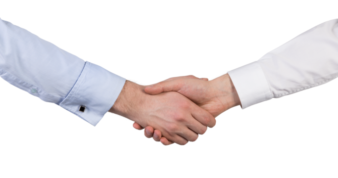 Closeup of two people shaking hands, one in a white shirt, the other in a blue shirt. white Background. Concept of agreement and partnership