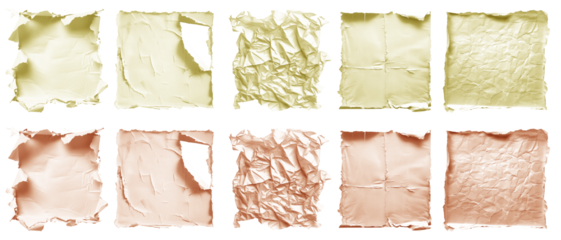 Collection set of pastel light yellow orange crushed wrinkle scrunch torn square paper old tear crumple rip edges on transparent cutout PNG. Many different design. Mockup template artwork

