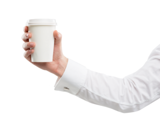 A hand in a white shirt holding a white coffee cup against a white background. Concept of takeaway coffee, beverage, and refreshment