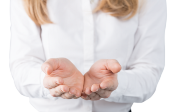 Close-up of hands in an open gesture, wearing a white shirt, on a white background. Represents offering, sharing, or requesting