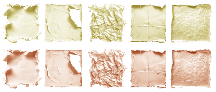 Collection set of pastel light yellow orange crushed wrinkle scrunch torn square paper old tear crumple rip edges on transparent cutout PNG. Many different design. Mockup template artwork

