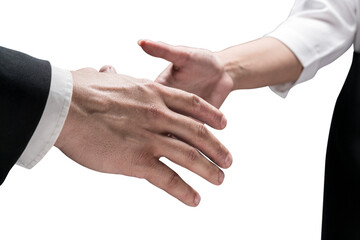 Close-up of two hands reaching out for a handshake, against a background. Concept of agreement, partnership, or greeting