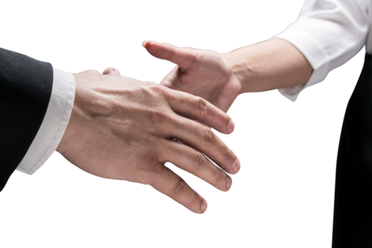 Close-up of two hands reaching out for a handshake, against a background. Concept of agreement, partnership, or greeting