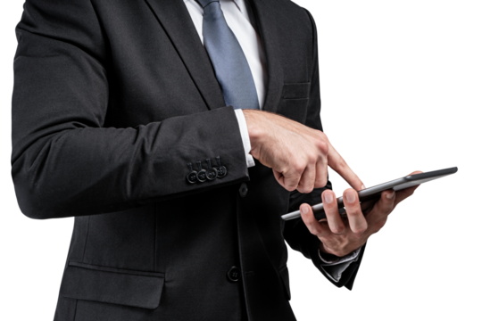 A businessman in a formal suit uses a tablet device. The image is set against a white background, capturing a concept of business and technology - Powered by Adobe