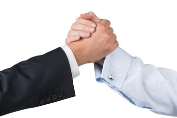 Close-up of two hands shaking, one in asuit and the other in a white shirt, against a white background. Concept of partnership and agreement