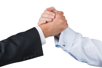Close-up of two hands shaking, one in asuit and the other in a white shirt, against a white background. Concept of partnership and agreement