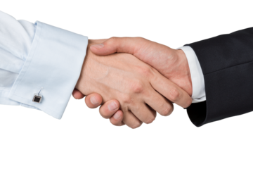 Close-up of a handshake between two businessmen wearing formal attire. The white background is. Represents business agreement or partnership