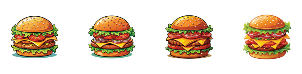 Cartoon burger set. Realistic burger set isolated on white background. Vector illustration.