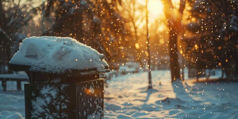 Snow covered garbage can after winter storm
